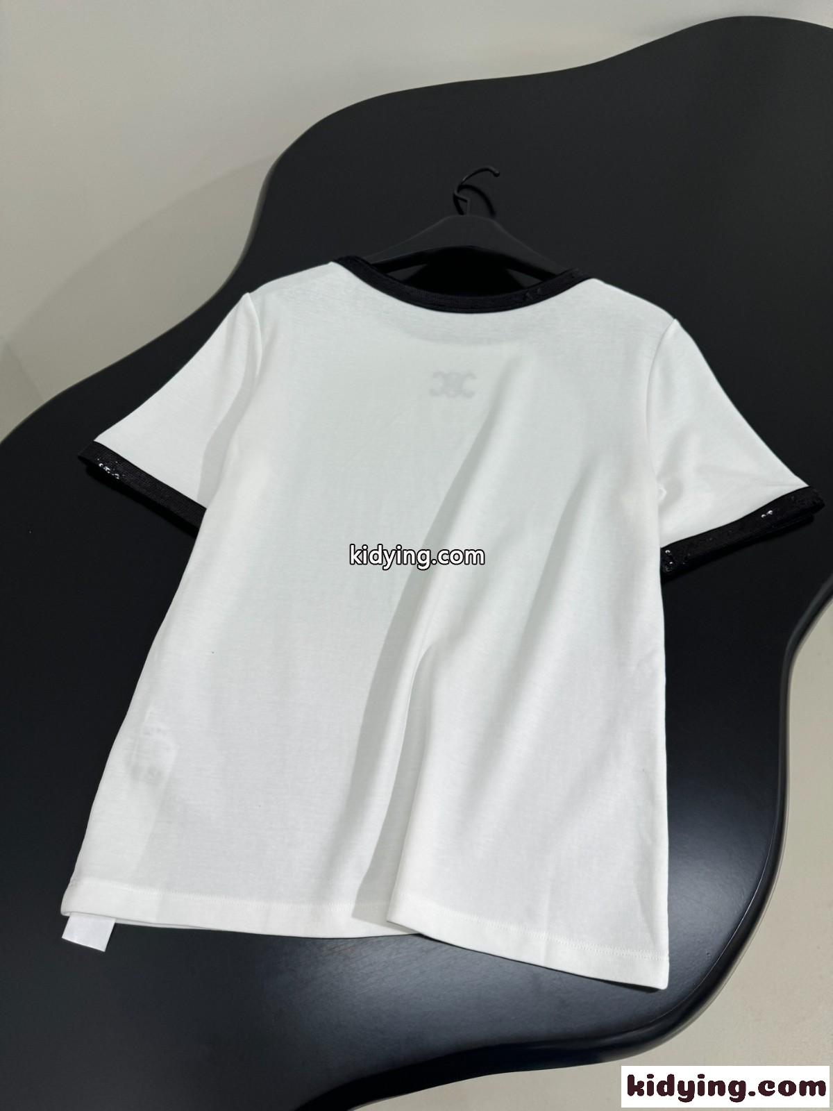 スパンコール付き コットン セリーヌ Tシャツ コピー 半袖Tシャツ-3
