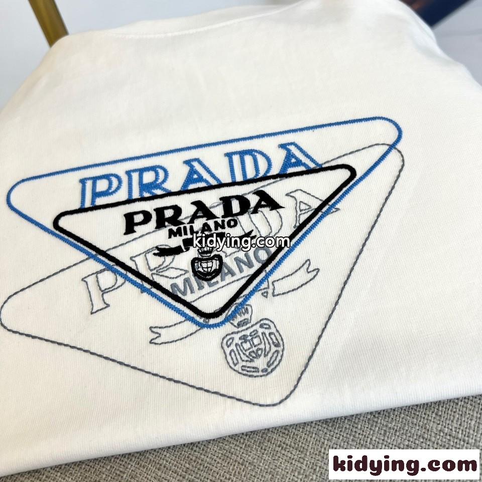 カジュアル ロゴ刺繍 プラダ Tシャツ コピー クルーネック 半袖Tシャツ ホワイト-3