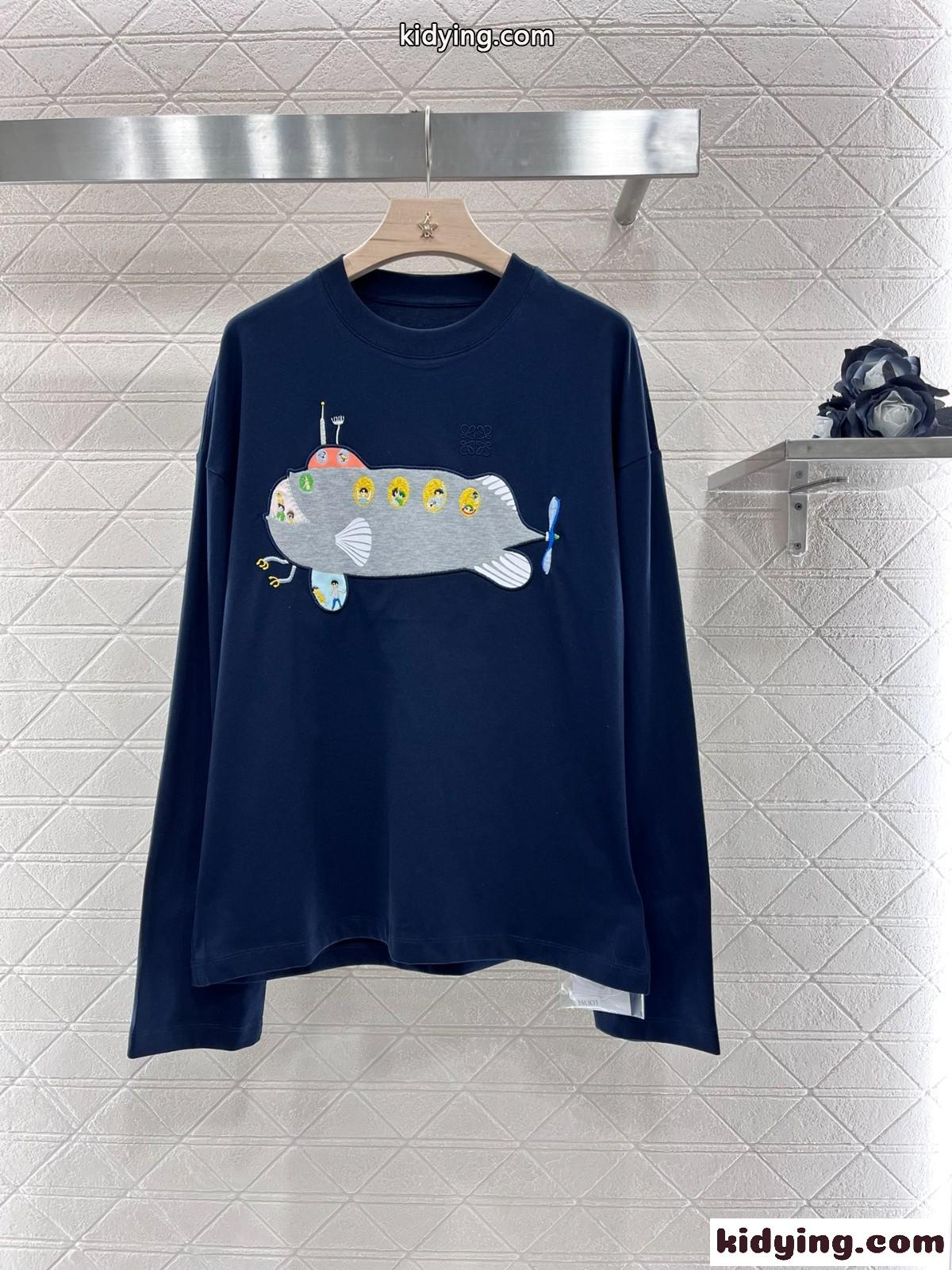 カジュアル 可愛い コットン 長袖Tシャツ ロエベ Tシャツ コピー ネイビー-1