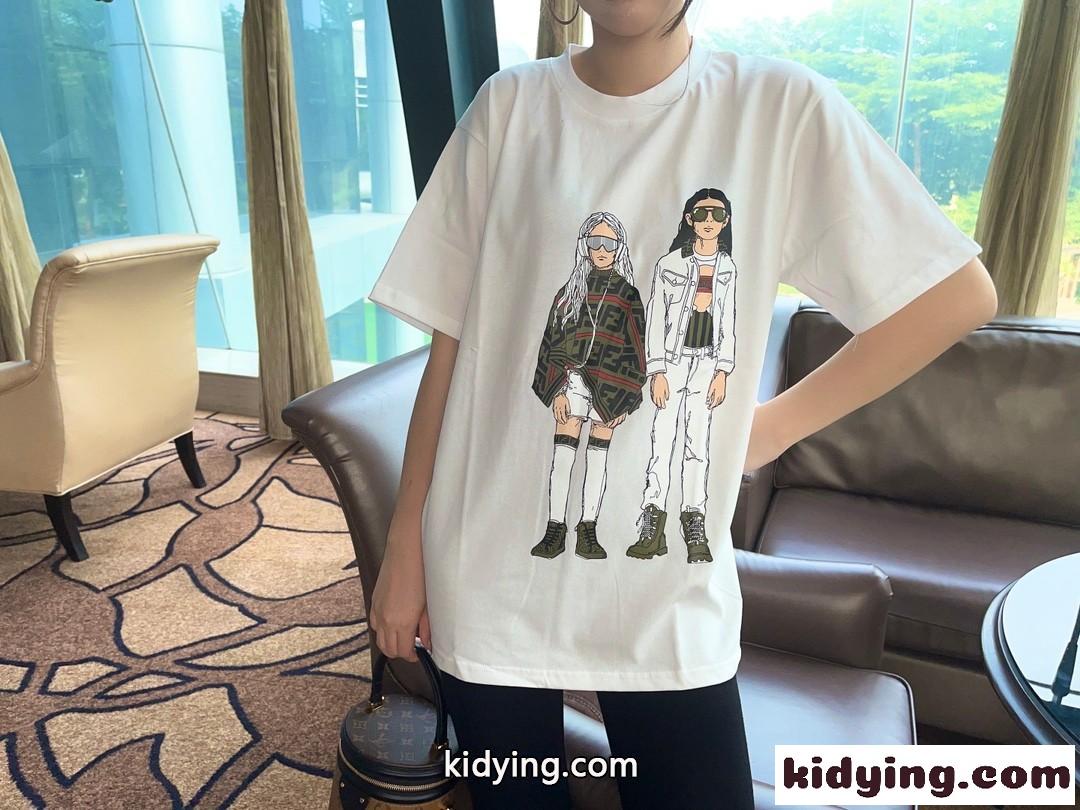 おしゃれ ゆったり 体型カバー レディース クルーネック フェンディ Tシャツ コピー プリント カジュアル-3