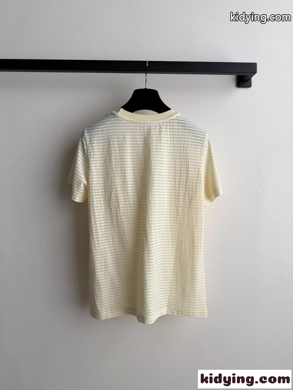 ボーダー柄 ロゴ クルーネック 半袖Tシャツ シャネル Tシャツ コピー イエロー-1