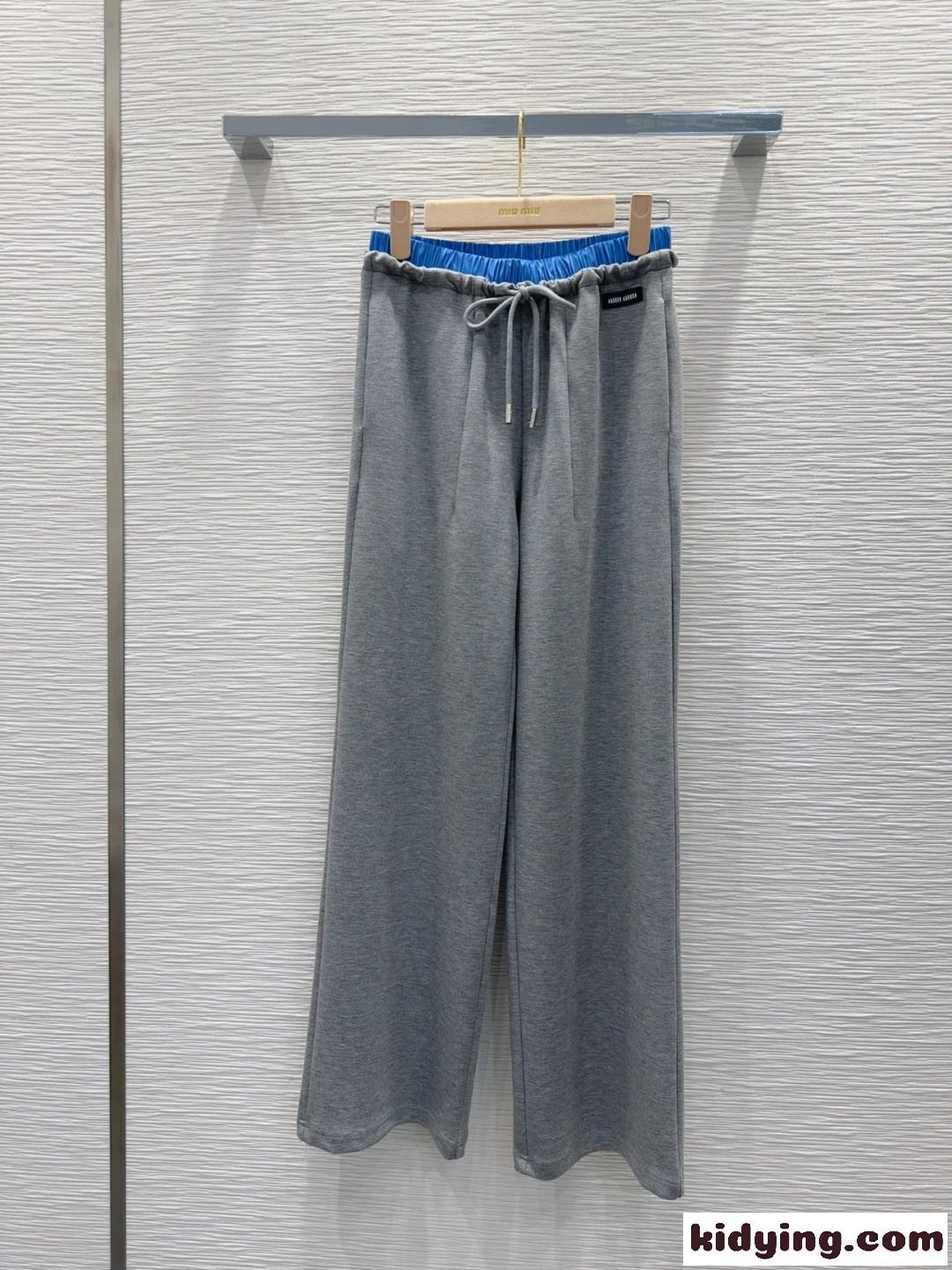 ミュウミュウ パンツ コピー おしゃれ ダブルウエスト ロングパンツ レディース グレー-1