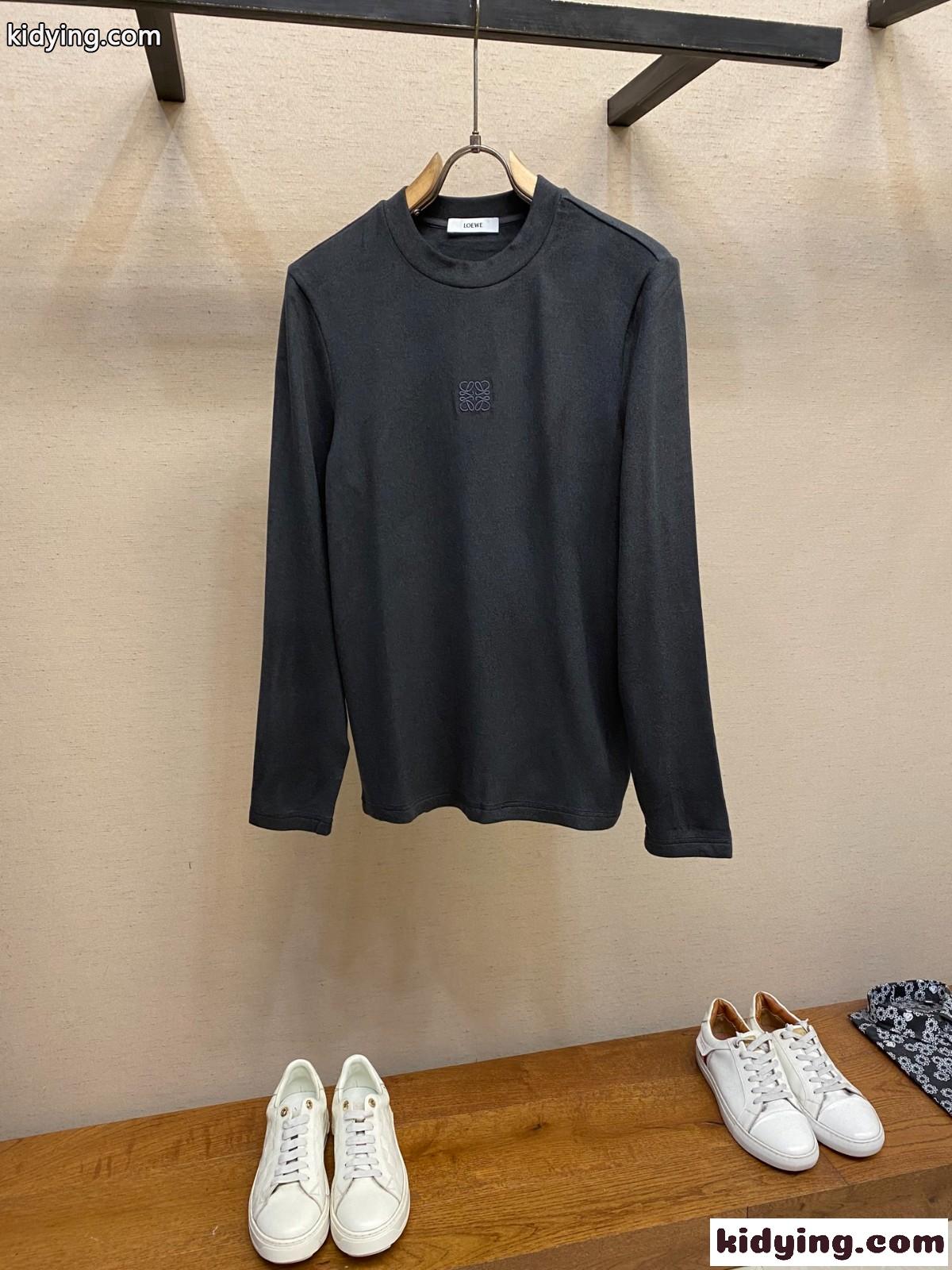 シンプル 洗練された アナグラム刺繍 長袖Tシャツ ロエベ Tシャツ コピー ダークグレー-0