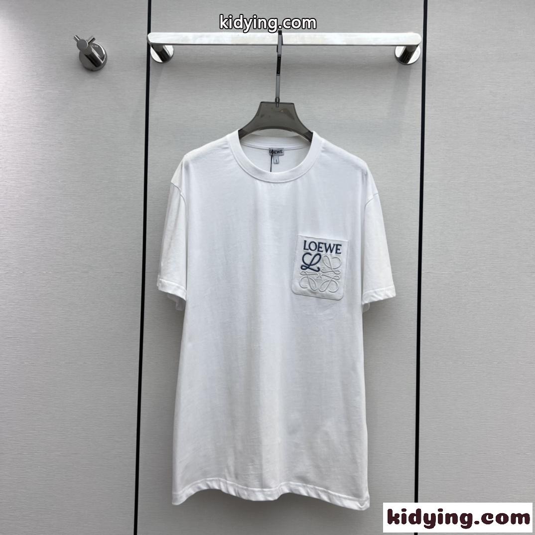 男女兼用 人気 アナグラム 刺繍入り ロエベ Tシャツ コピー コットン 半袖 ホワイト-0
