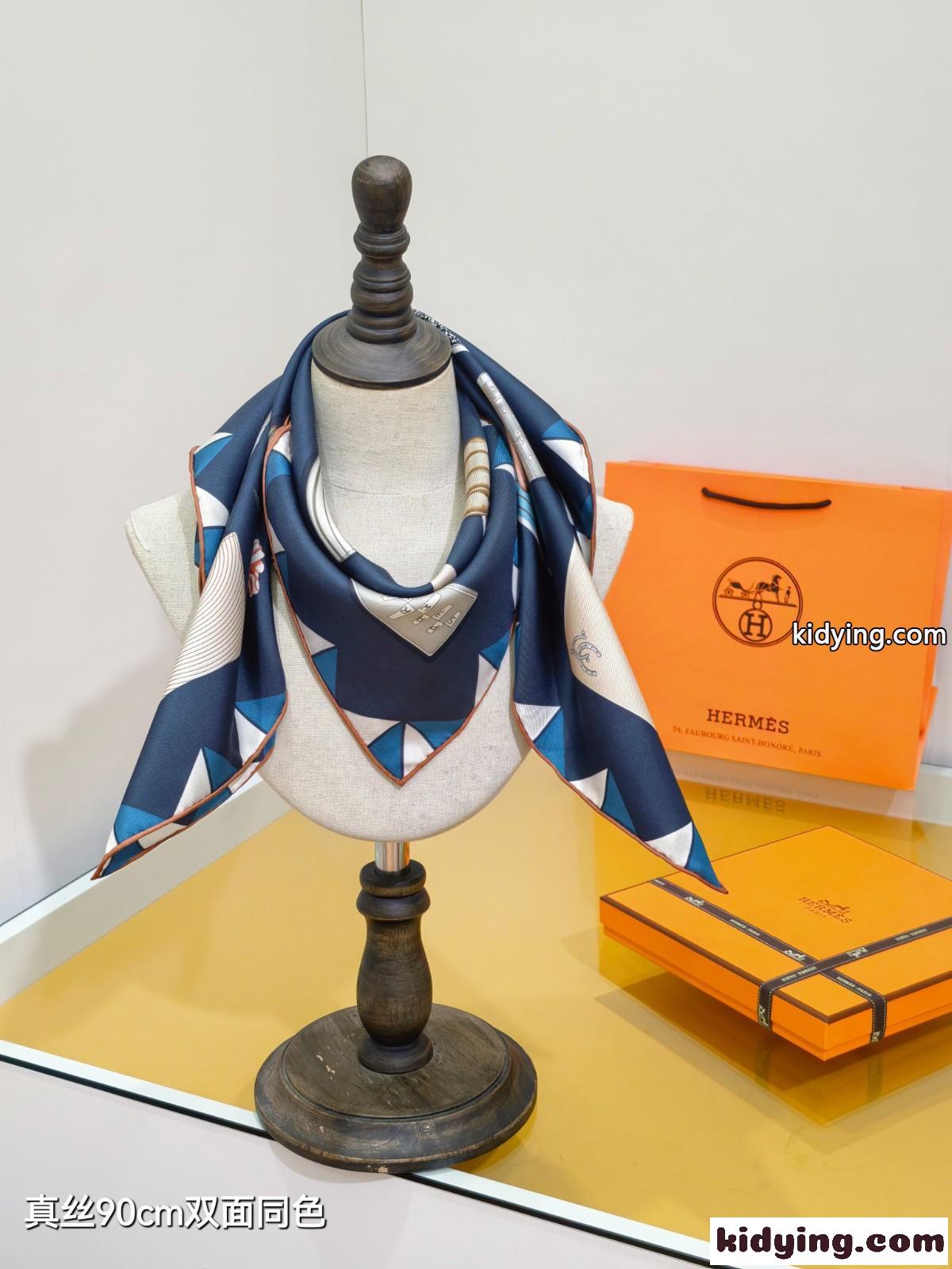 エルメス スカーフ コピー 人気 手袋の時計 90x90 シルクスカーフ ブルー-4
