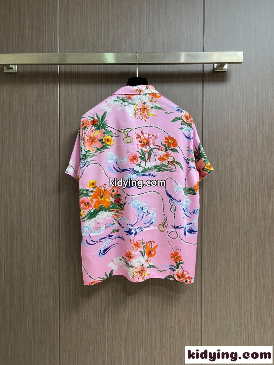 フローラルプリント オープンカラーシャツ グッチ シャツ 偽物 シルク ピンク-1