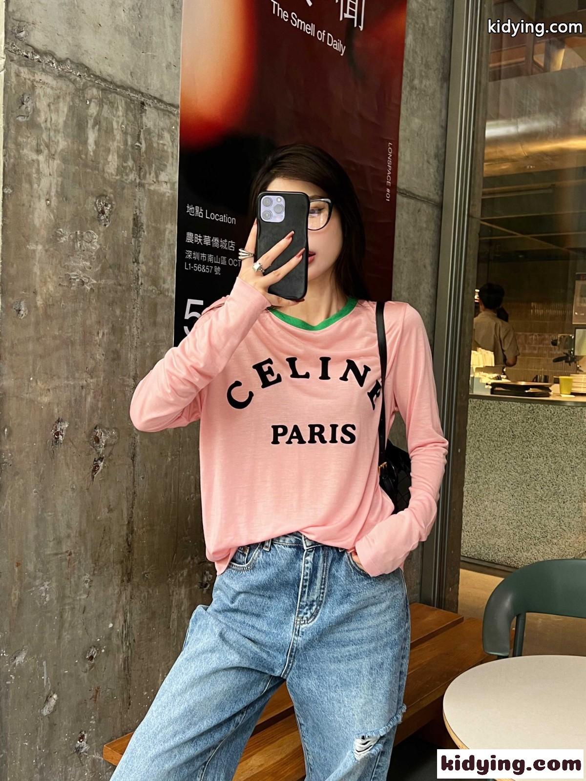 カジュアル ロゴ入り シアー 長袖Tシャツ 紫外線対策 セリーヌ Tシャツ コピー ピンク-4