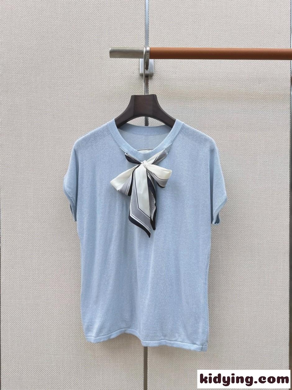 ボウタイ付き ショートスリーブニット クリスチャン・ディオール Tシャツ 偽物 ライトブルー-2