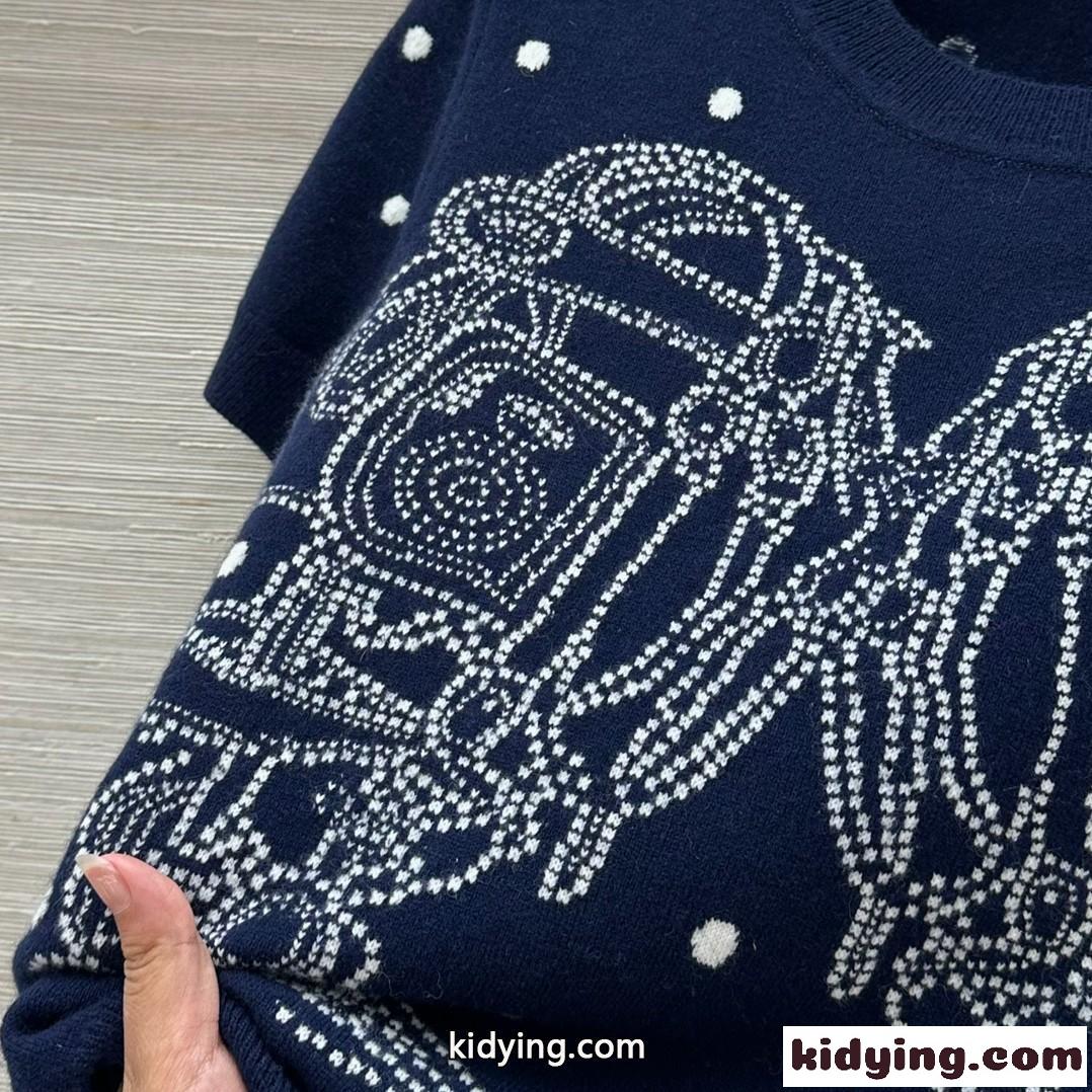 着心地抜群♪刺繍入り 半袖セーター エルメス ニットウェア コピー ネイビー-2