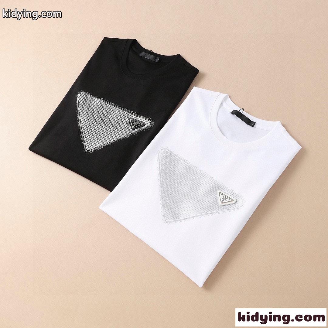 トライアングルロゴ シルケット コットン プラダ 半袖tシャツ コピー クルーネック スリム-2