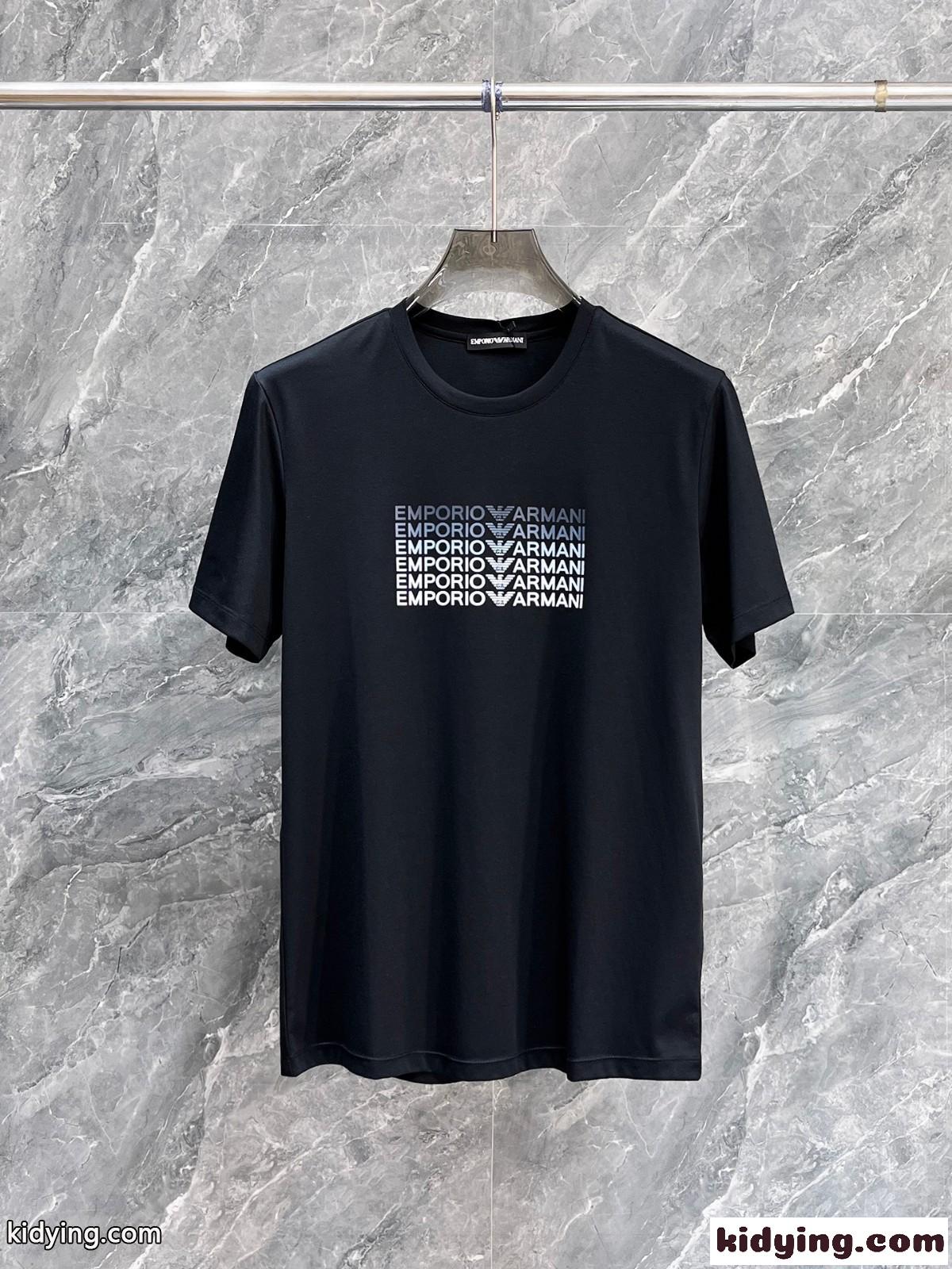 おしゃれ リピートロゴ クルーネック アルマーニ 半袖Tシャツ コピー ブラック-0
