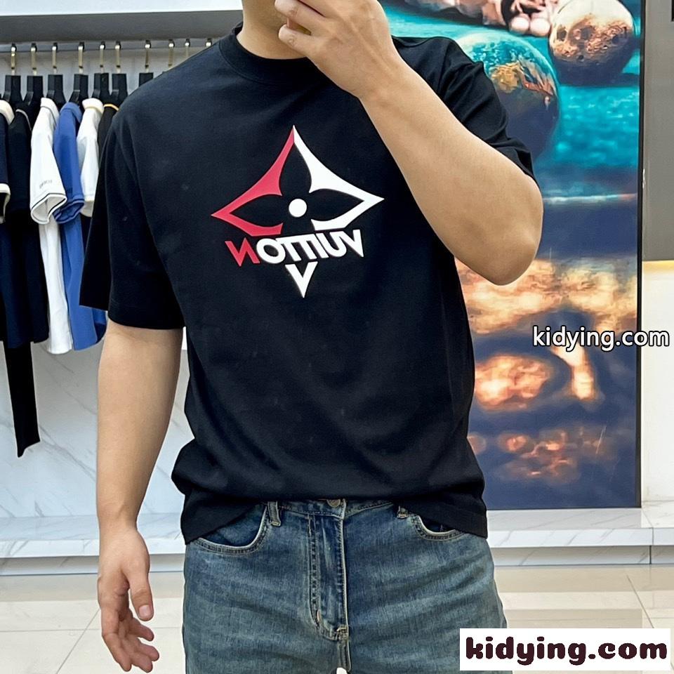 カジュアル プリント クルーネック ルイ・ヴィトン 半袖Tシャツ コピー ブラック-1