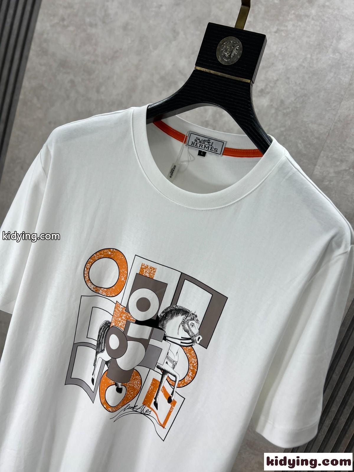 お洒落 プリント エルメス Tシャツ コピー クルーネック 半袖Tシャツ ホワイト-3