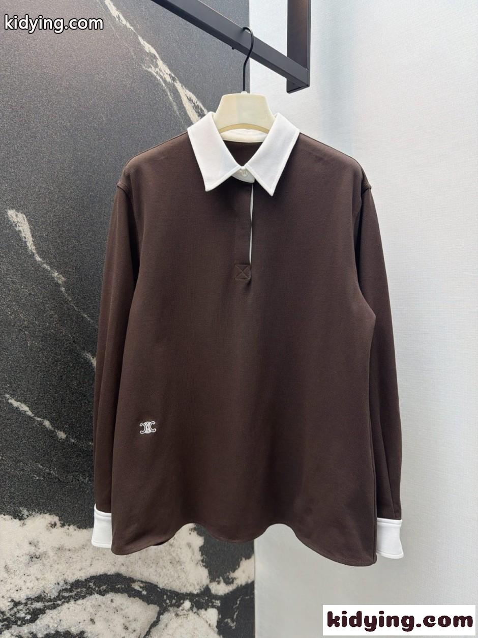 洗練された カジュアル 配色 トップス セリーヌ Tシャツ コピー ブラウン-0