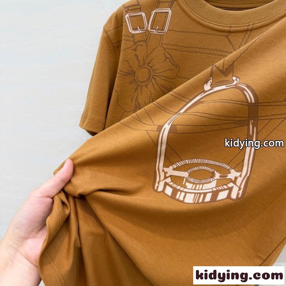 エルメス Tシャツ コピー 馬具プリント コットン クルーネックTシャツ ブラウン-2