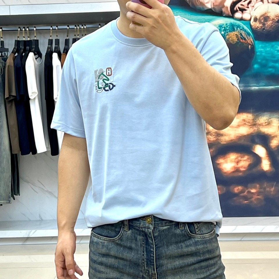上品 カジュアル コットン 半袖Tシャツ エルメス Tシャツ 偽物 クルーネック ライトブルー-1