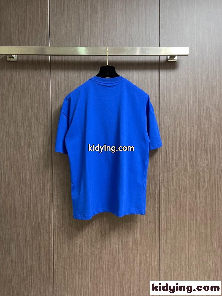 シンプル ロゴ刺繍 半袖Tシャツ セリーヌ Tシャツ 偽物 ユニセックス ブルー-1
