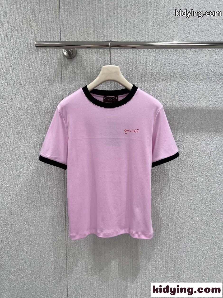 スタイリッシュ スクリプトロゴ リンガーTシャツ グッチ Tシャツ コピー ピンク-2