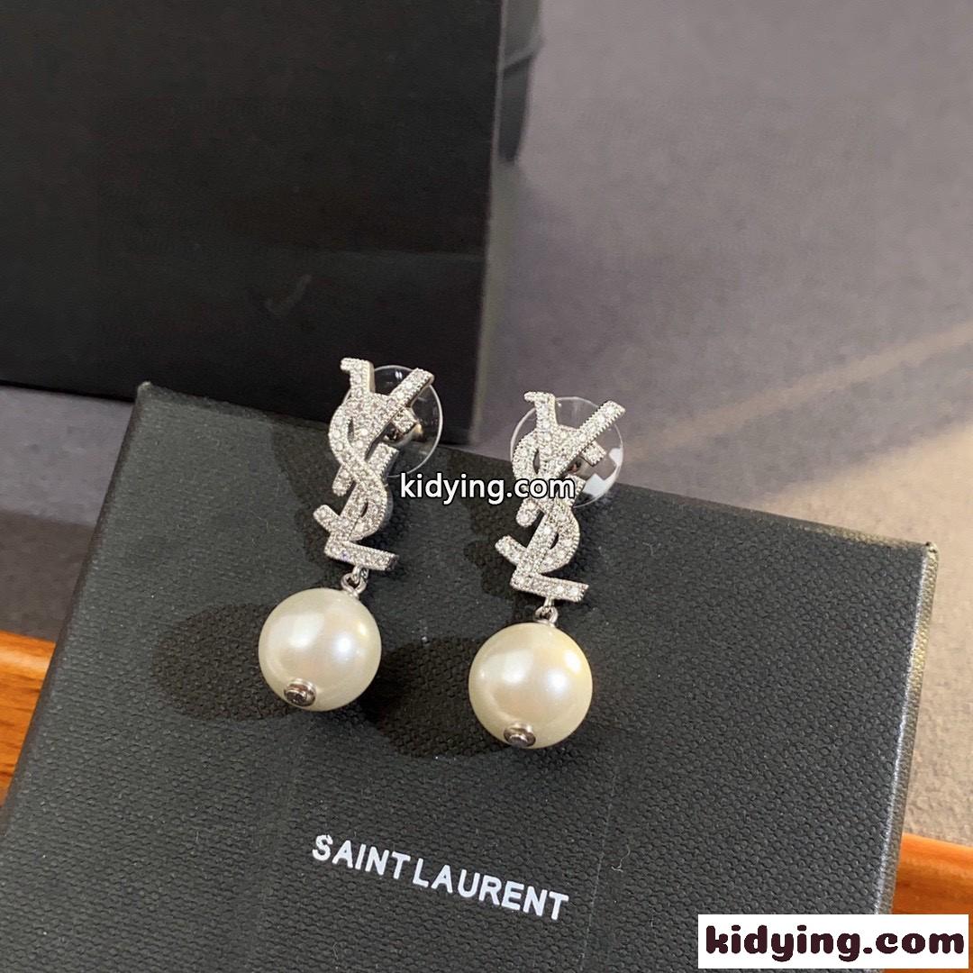 イヴ・サンローラン ピアス コピー キラキラ ラインストーン YSL モノグラム パール-0
