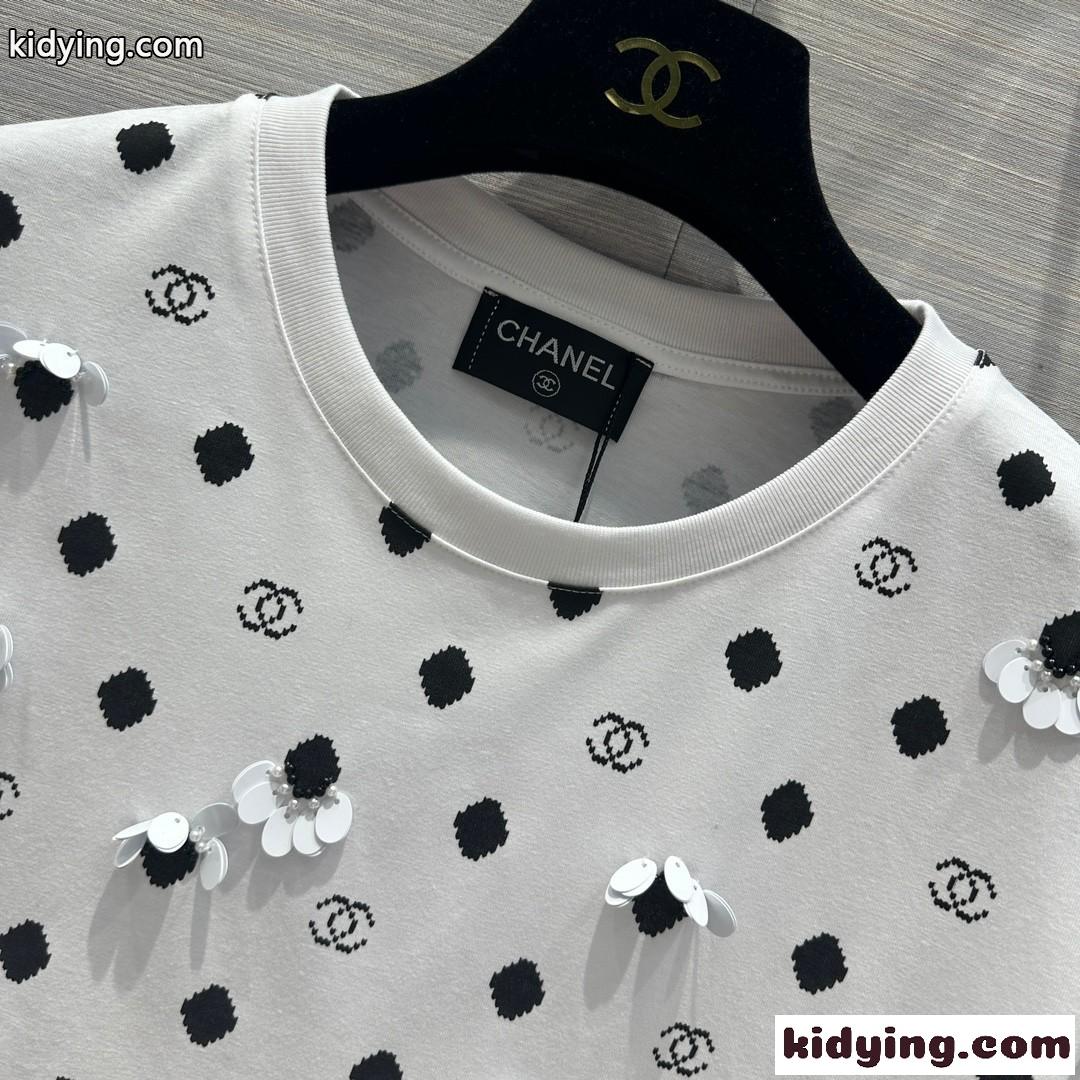 可愛い フラワー ロゴ クルーネック コットン シャネル Tシャツ コピー 半袖Tシャツ ホワイト-1