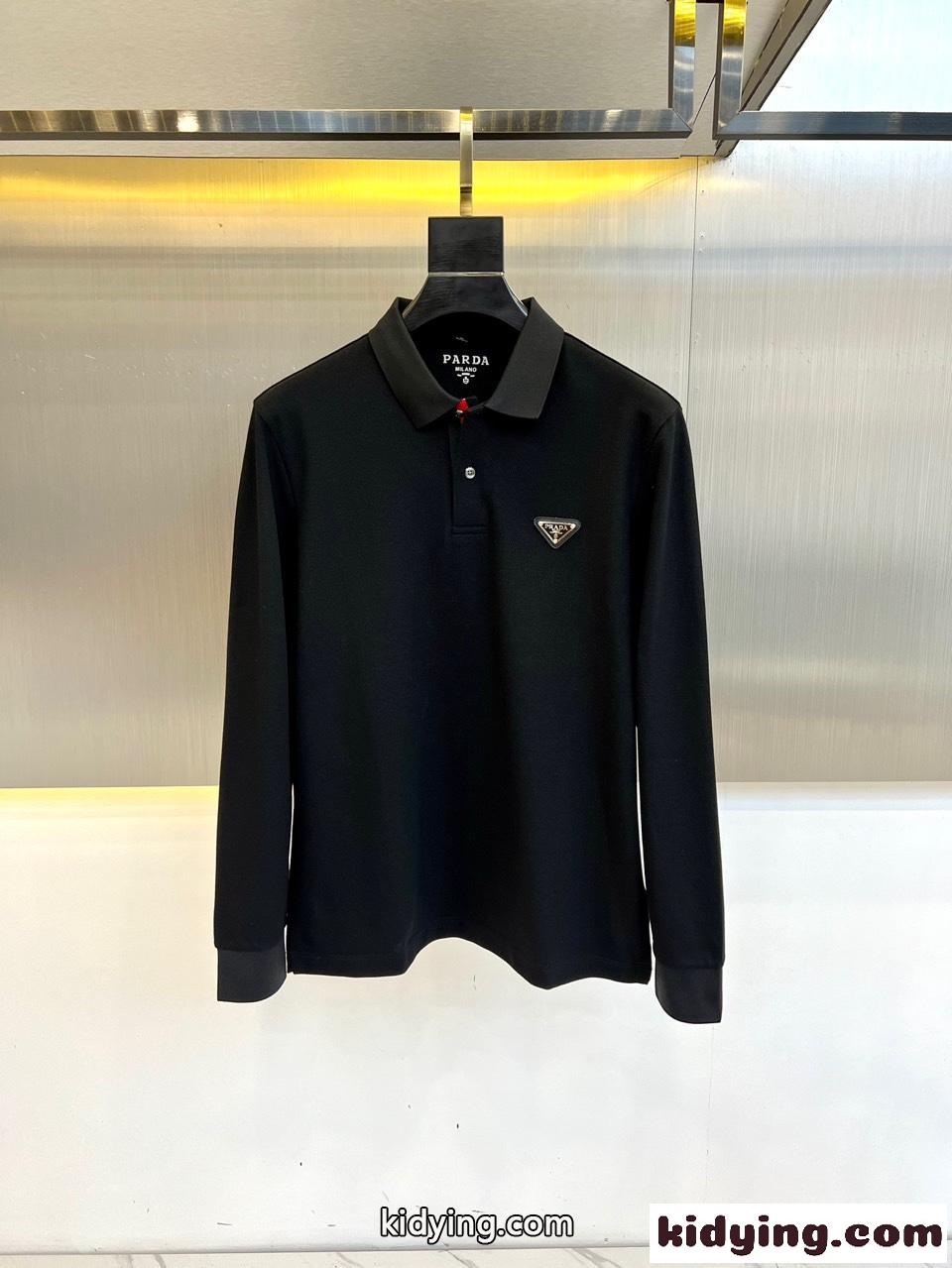 カジュアル 上品 コットン 長袖 ポロシャツ プラダ Tシャツ コピー ブラック-0