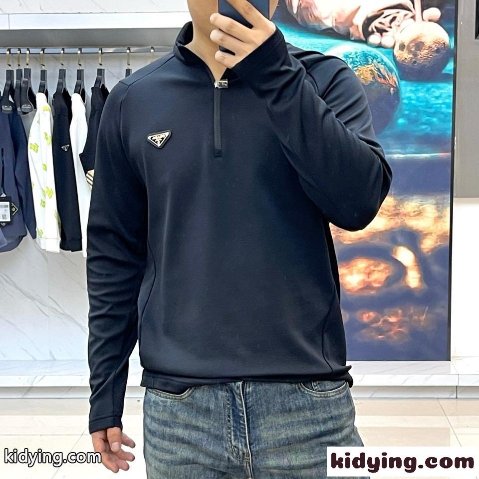 シンプル 洗練された ハーフジップ 長袖Tシャツ プラダ Tシャツ 偽物 ブラック-2