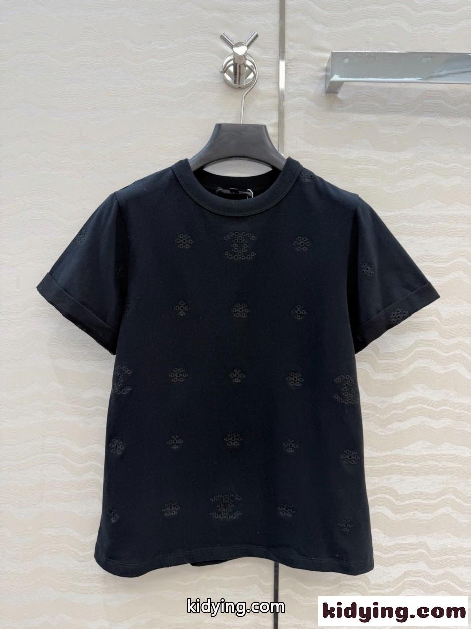 シンプル アイレット刺繍 コットンTシャツ シャネル Tシャツ コピー ブラック-0