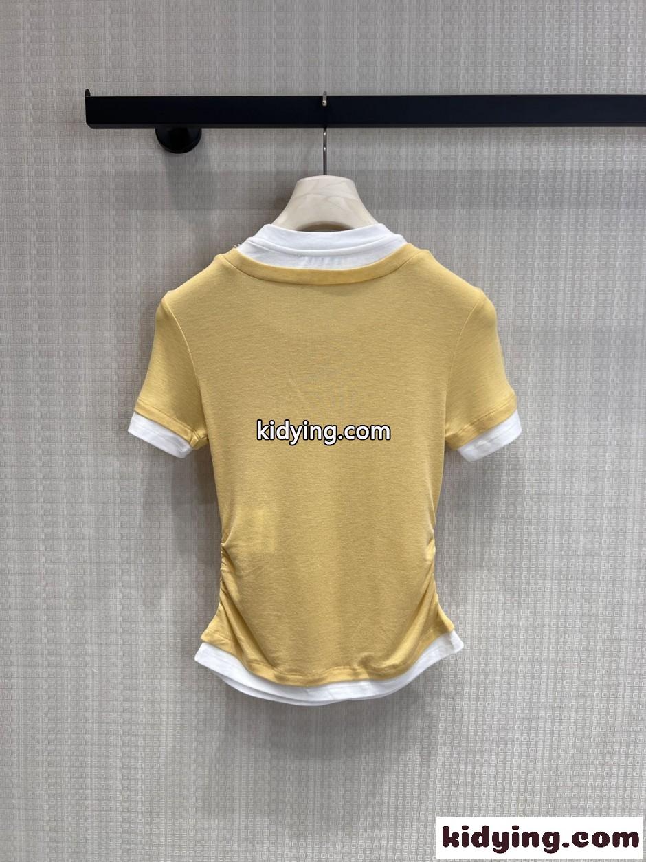 ビジューネック レイヤード風 半袖Tシャツ ミュウミュウ Tシャツ 偽物 イエロー-0
