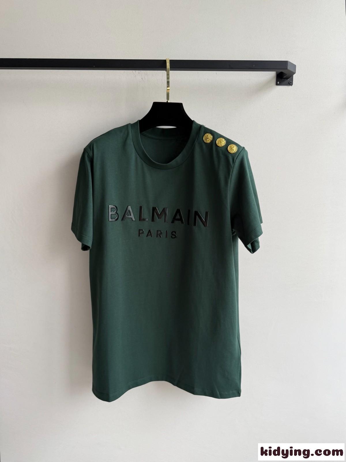 シンプル おしゃれ ロゴ入り 半袖Tシャツ バルマン Tシャツ コピー グリーン-1
