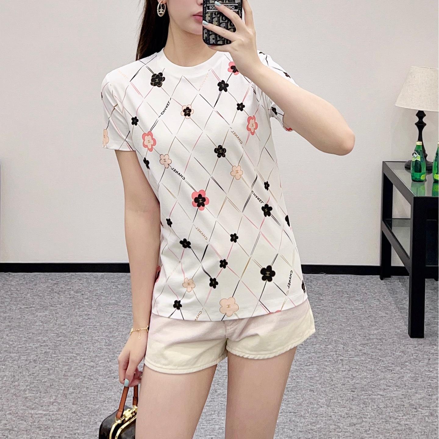 カジュアル プリント 総柄 半袖Tシャツ シャネル Tシャツ コピー コットン ホワイト-0