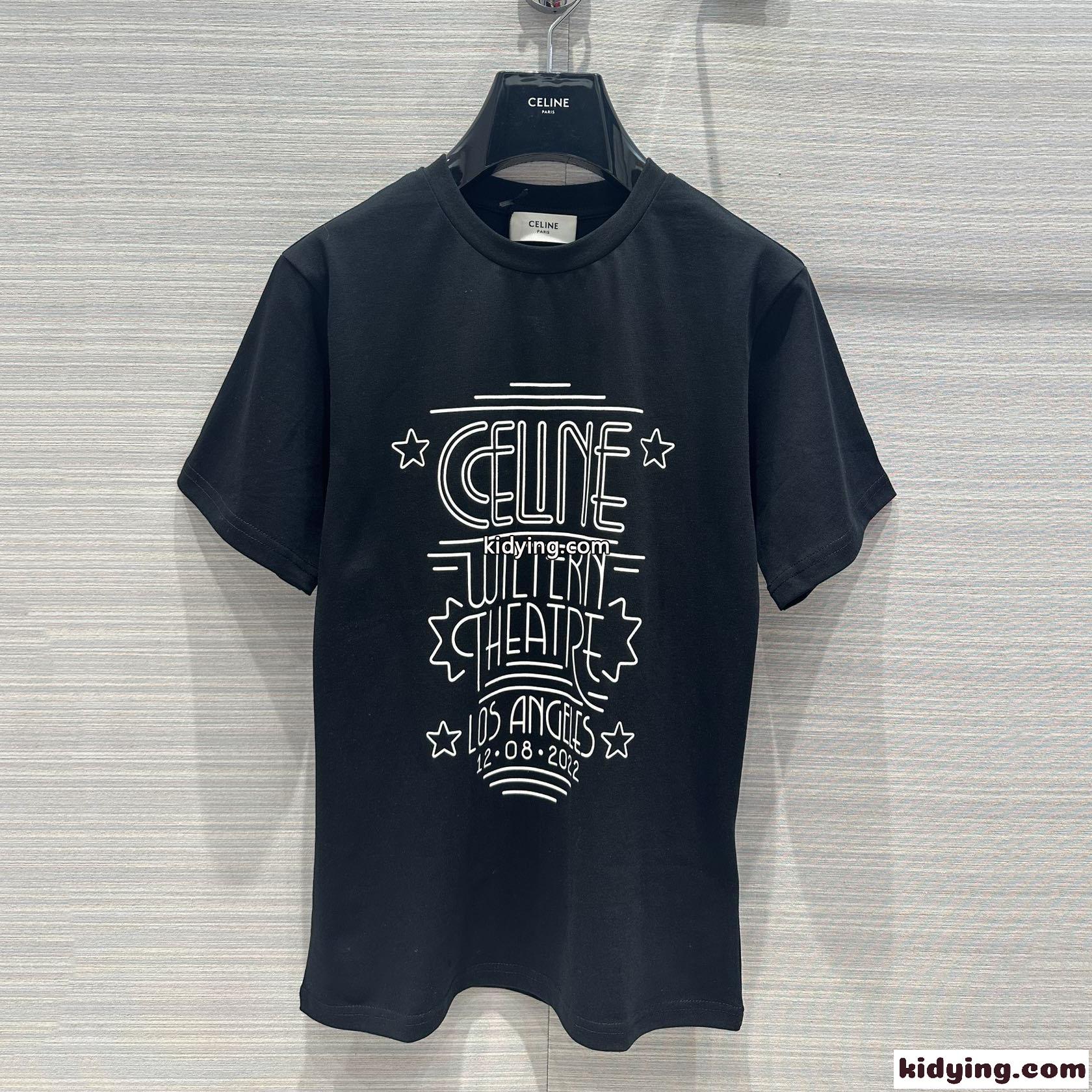 シンプル プリント クルーネック 半袖 コットン セリーヌ Tシャツ コピー ブラック-2