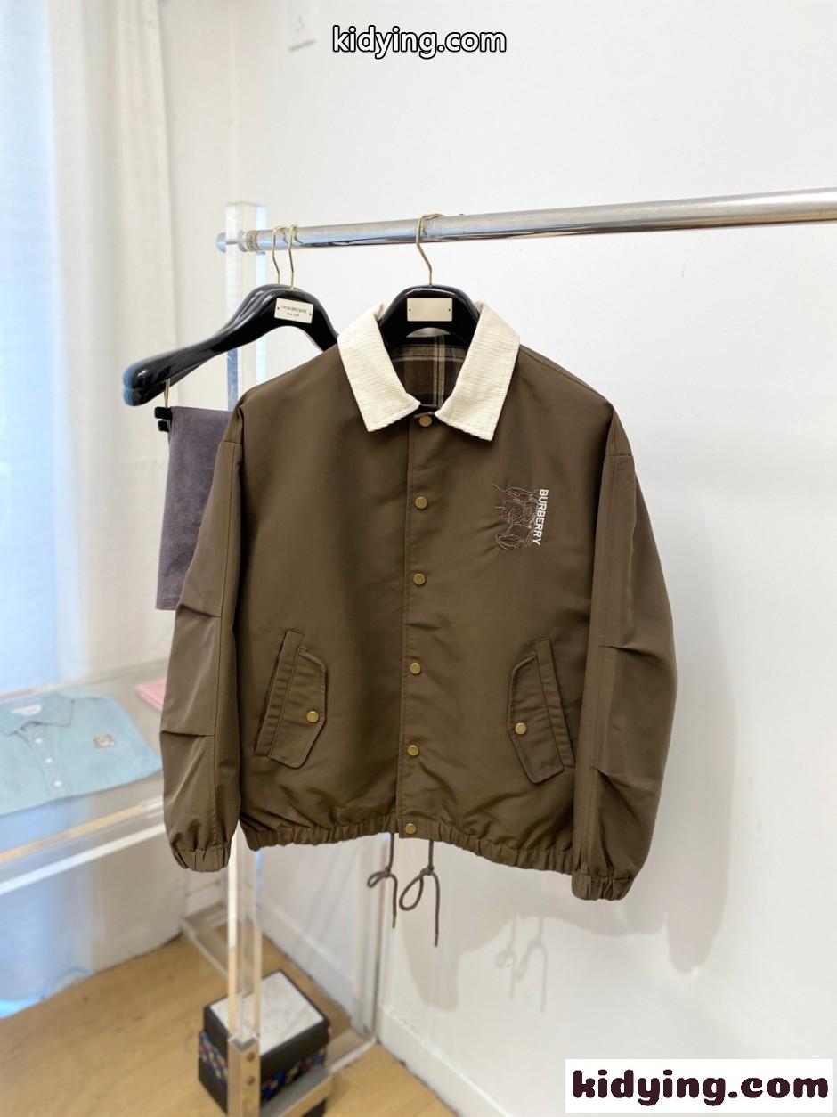 エンブロイダリー コーデュロイ襟 ブルゾン バーバリー ジャケット 偽物 カーキグリーン-0