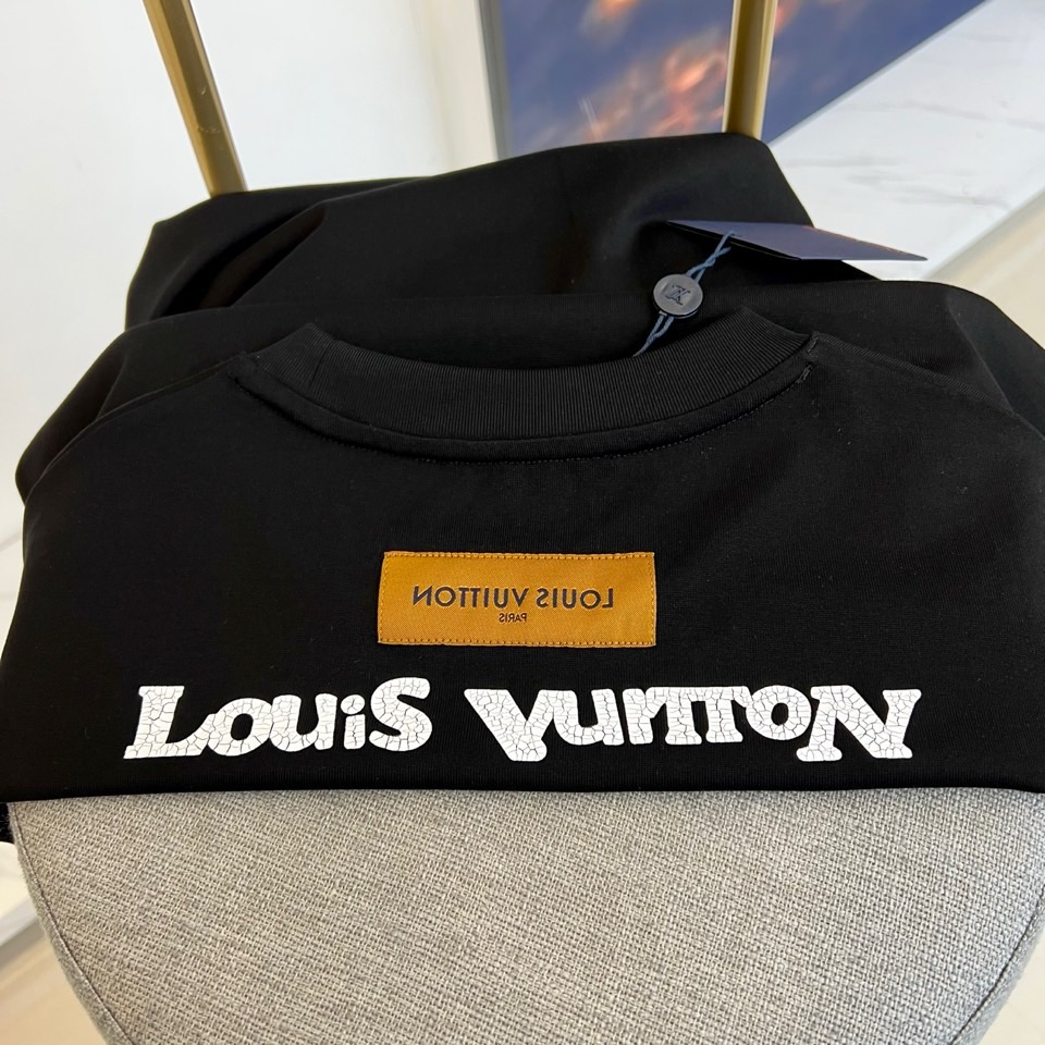 カジュアル ロゴ コットン 半袖Tシャツ ルイ・ヴィトン Tシャツ コピー ブラック-4