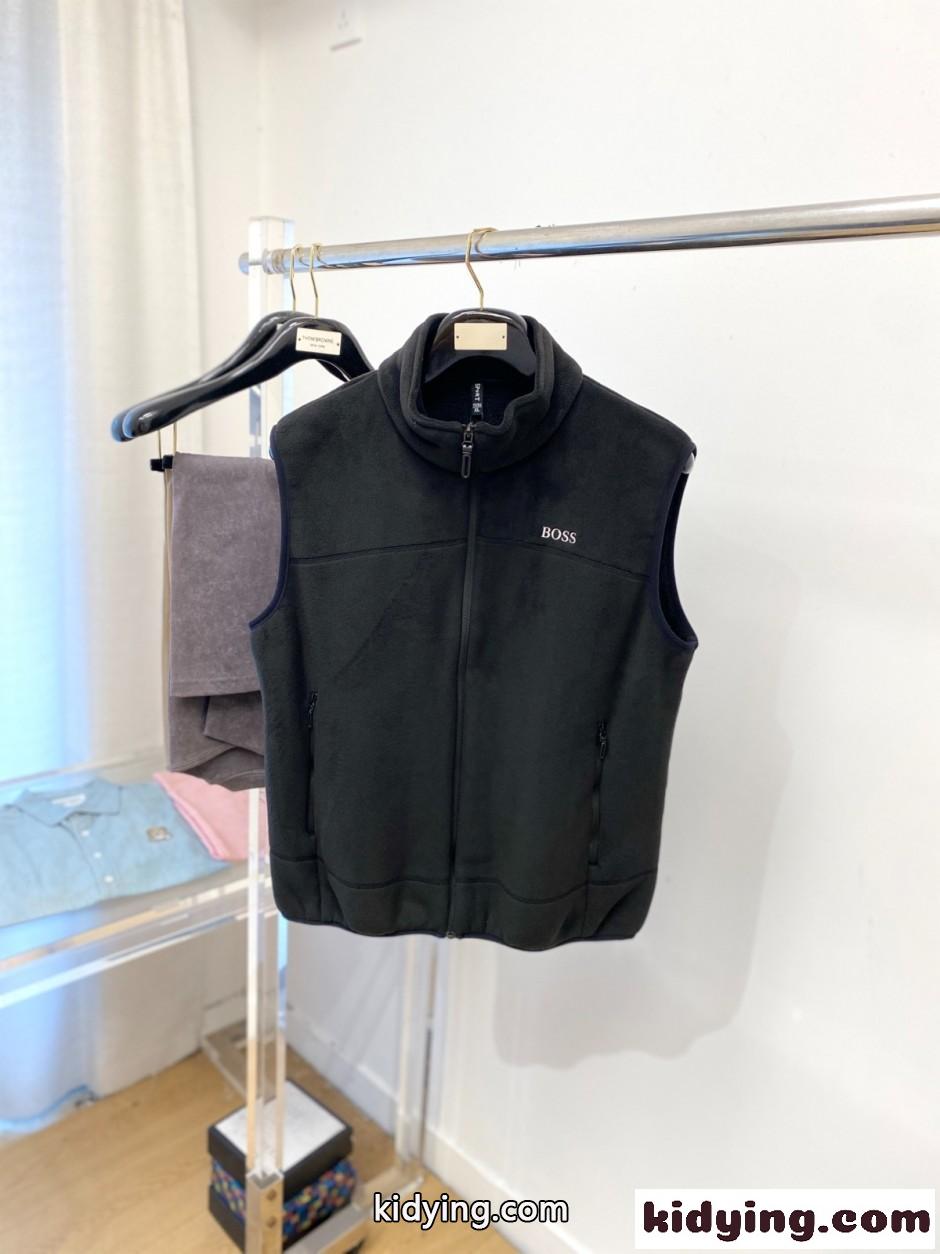 シンプル ロゴ刺繍 裏起毛 ジップアップベスト ヒューゴ・ボス ジャケット 偽物 ブラック-0