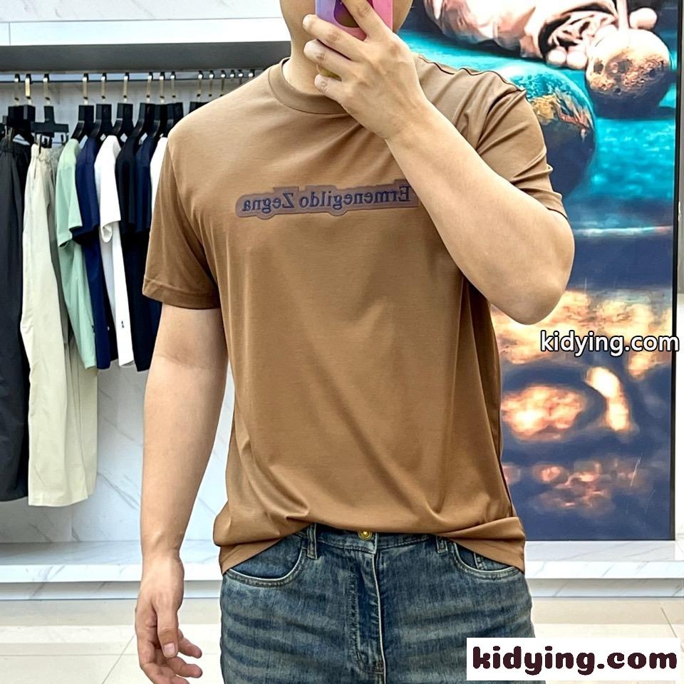 シンプル ロゴ 半袖Tシャツ エルメネジルド・ゼニア Tシャツ コピー クルーネック ブラウン-1