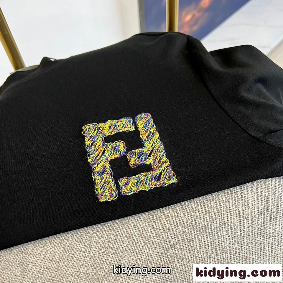 刺繍入り コットン 長袖Tシャツ フェンディ Tシャツ コピー ブラック-2