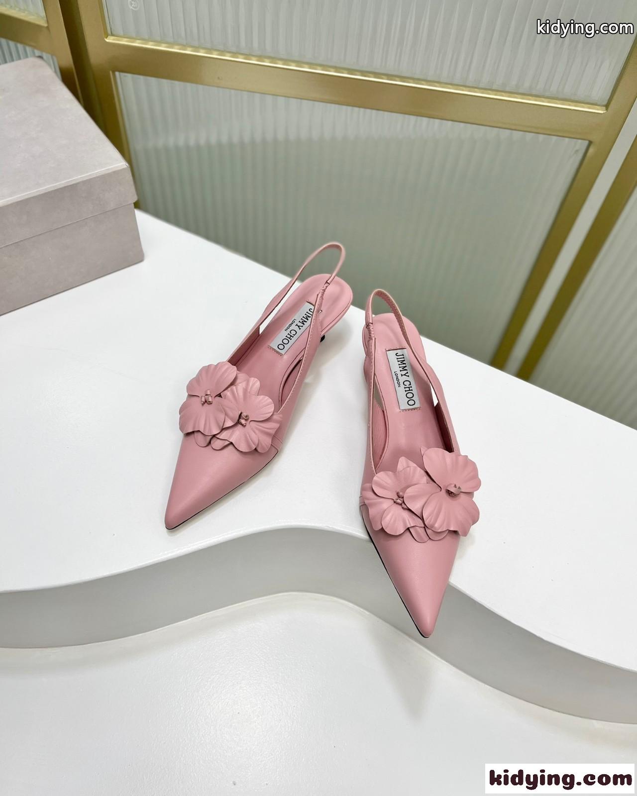 フラワー付き ナッパレザー・スリングバックパンプス ジミーチュウ パンプス コピー ピンク-1