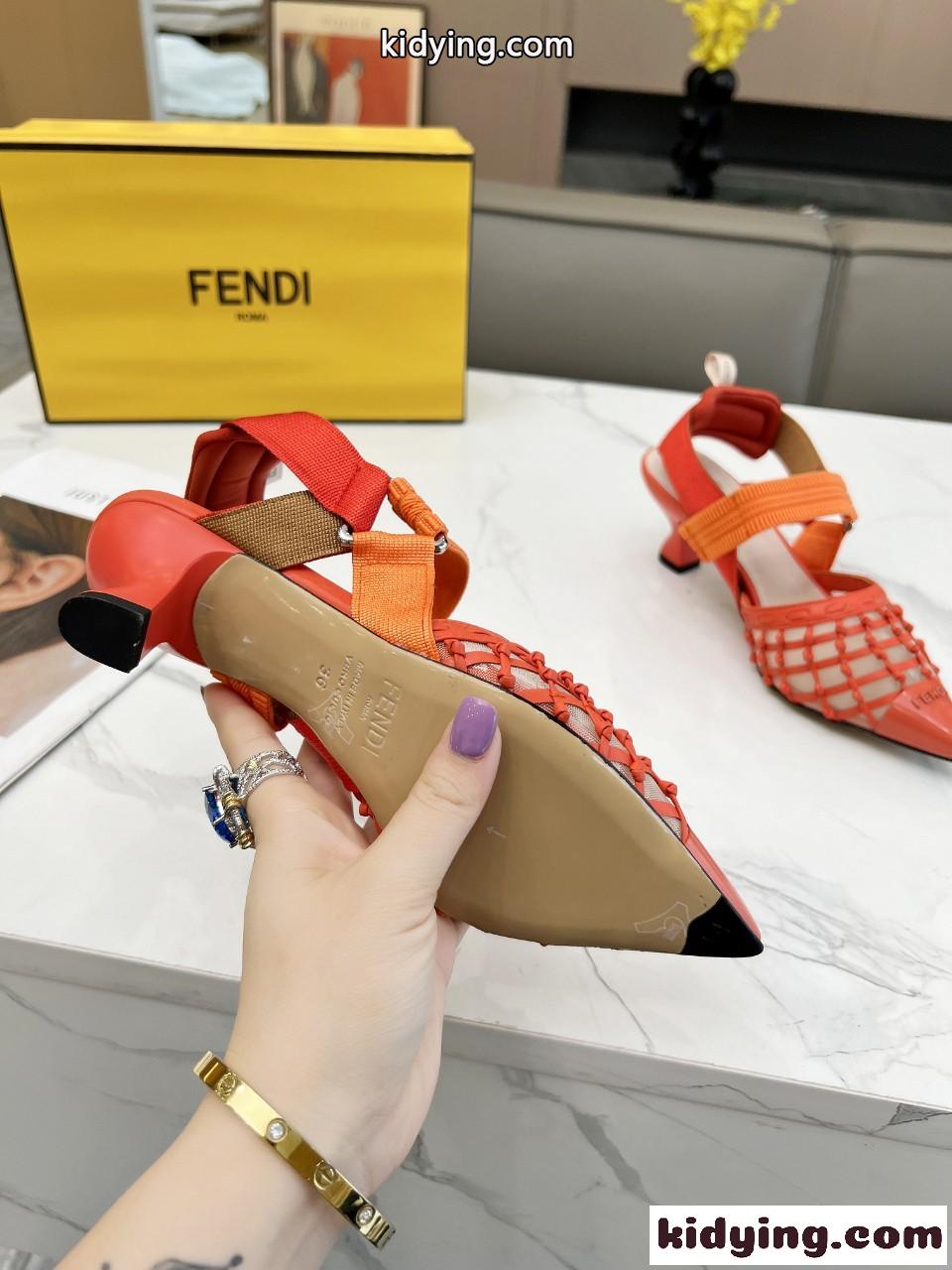 5.5cm インターレースレザー スリングバックシューズ フェンディ シューズ コピー オレンジ-3