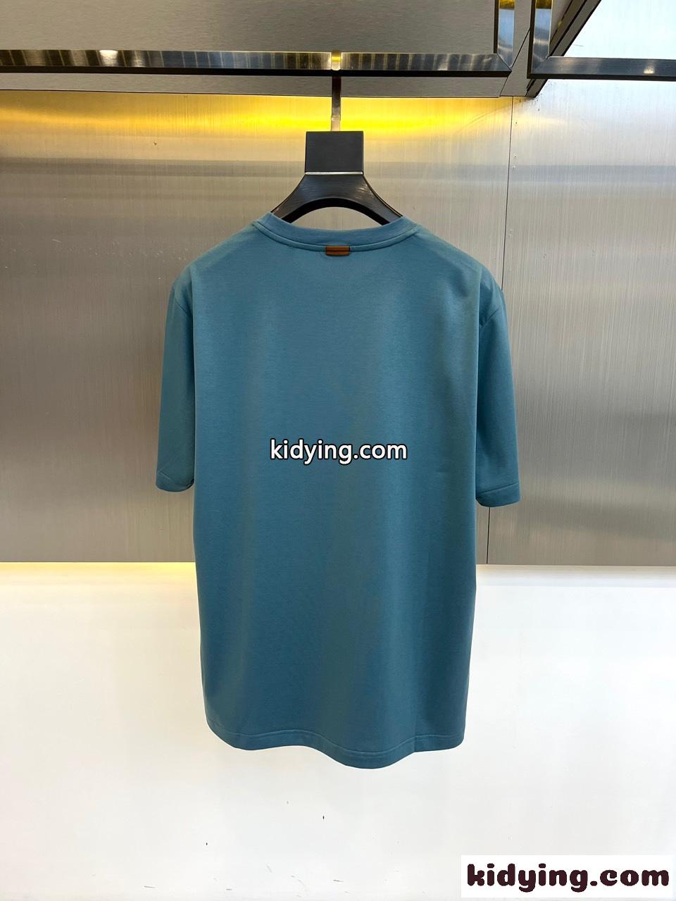シンプル ロゴ入り クルーネック エルメネジルド・ゼニア 半袖Tシャツ コピー ブルー-4