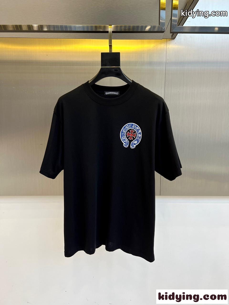 クロムハーツ Tシャツ 偽物 カジュアル プリント クルーネック 半袖Tシャツ ブラック-1