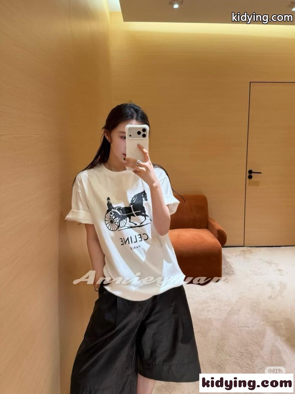 ベーシック ロゴ コットン 半袖Tシャツ セリーヌ Tシャツ 偽物 ホワイト-4