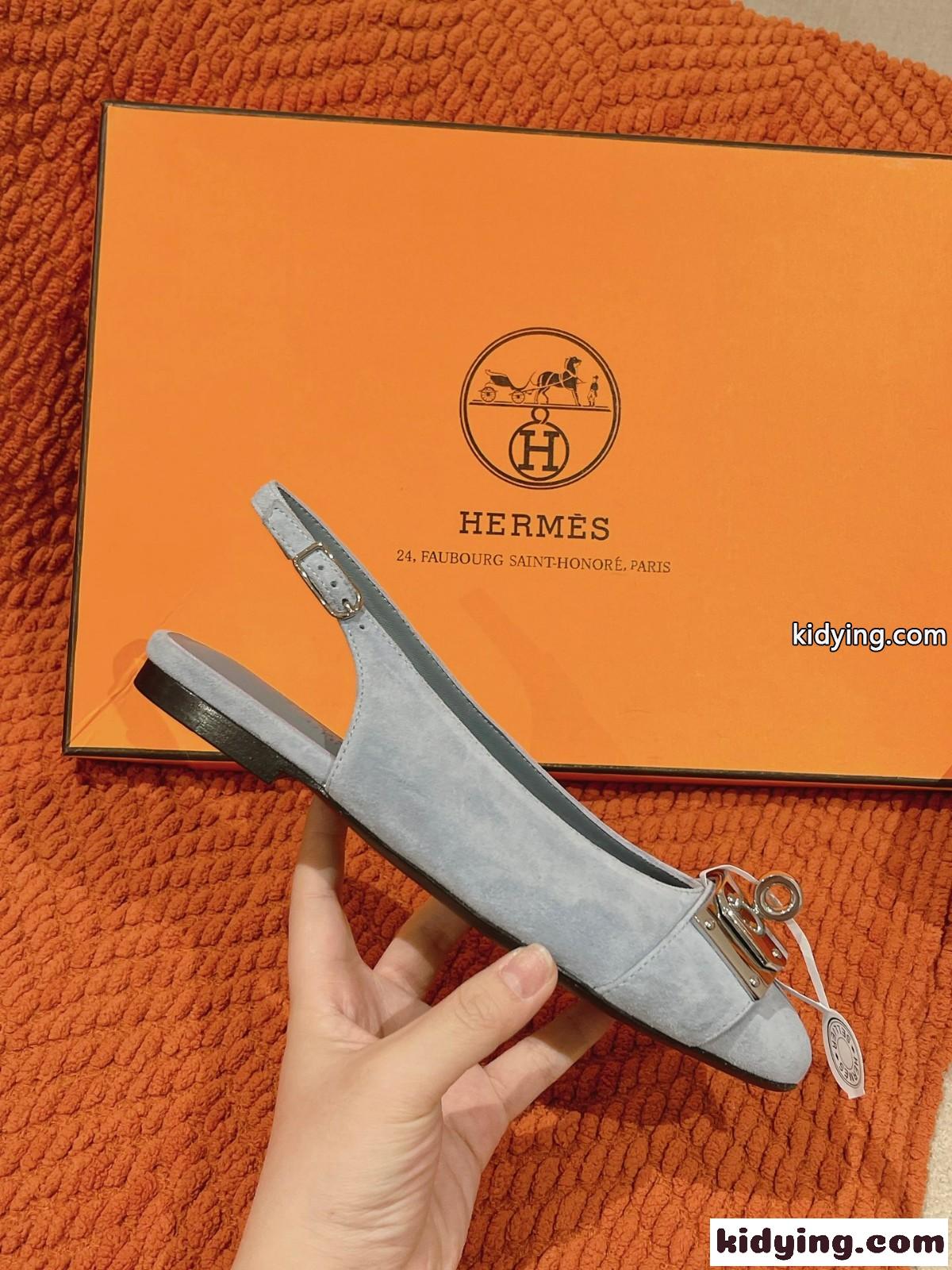 人気 エレガント スリングバックフラット エルメス サンダル コピー レディース ブルー-2