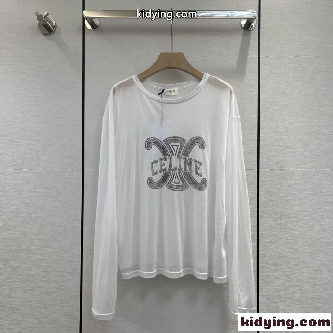 シンプル ロゴ プリント カジュアル セリーヌ Tシャツ コピー 長袖 薄手 日焼け止め クルーネック-1