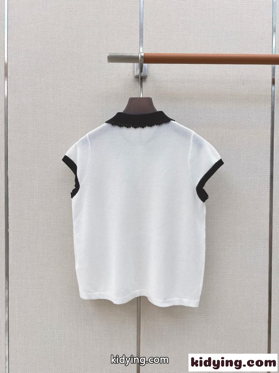 レースカラー バイカラー ニットポロシャツ ミュウミュウ Tシャツ 偽物 ホワイト-4
