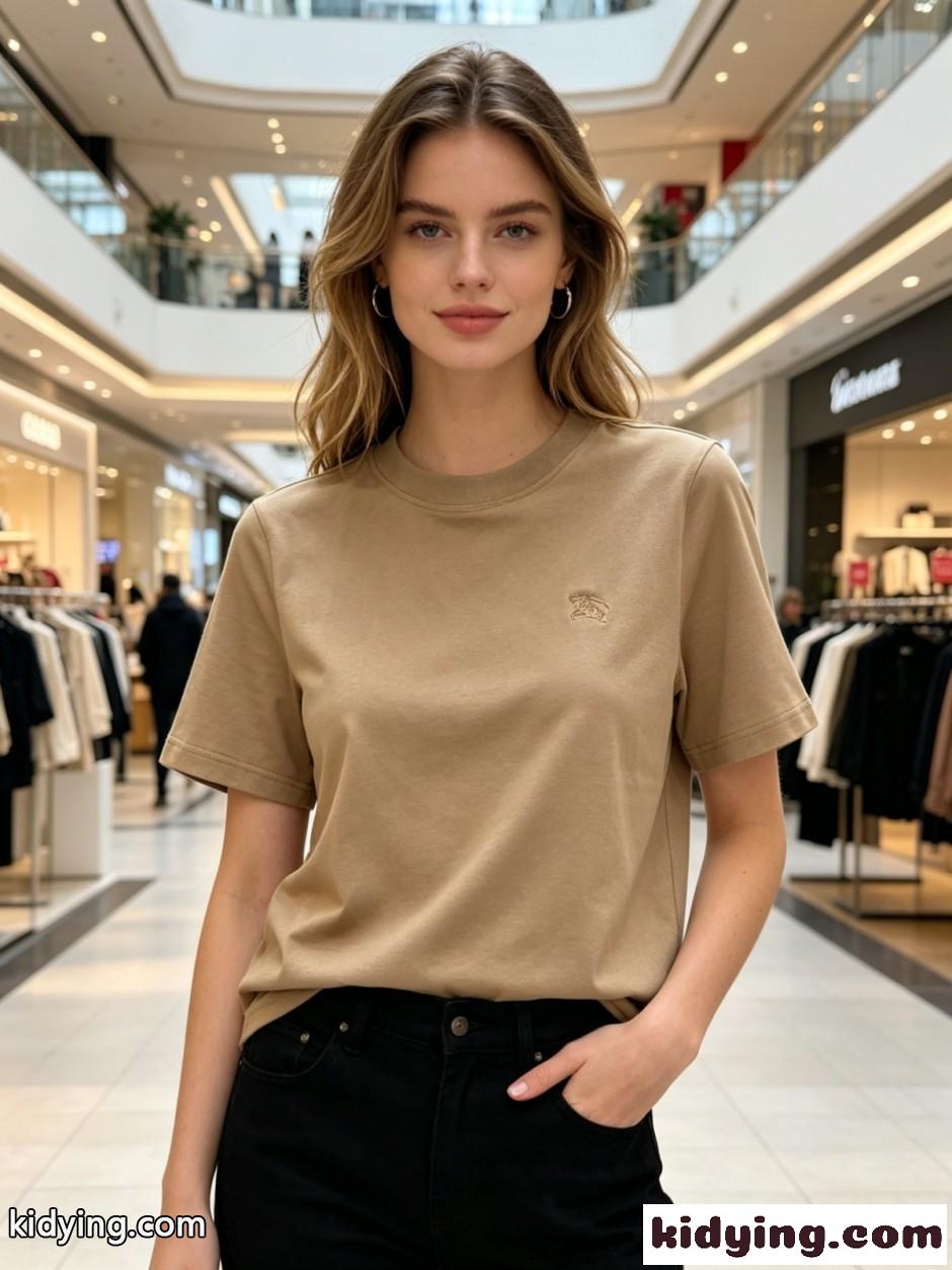 シンプル クルーネック 半袖Tシャツ バーバリー Tシャツ 偽物 コットン ベージュ-4