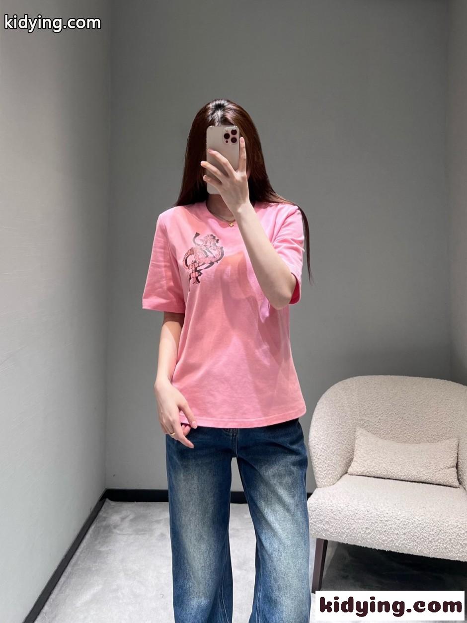 コットン プリント 半袖Tシャツ エルメス Tシャツ コピー クルーネック ピンク-4