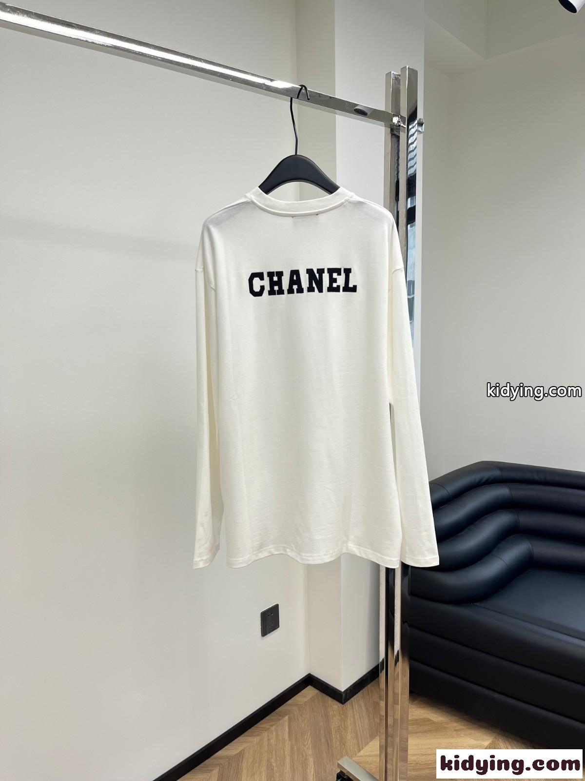 シンプル ロゴ ゆったり 長袖Tシャツ シャネル Tシャツ 偽物 ホワイト-1
