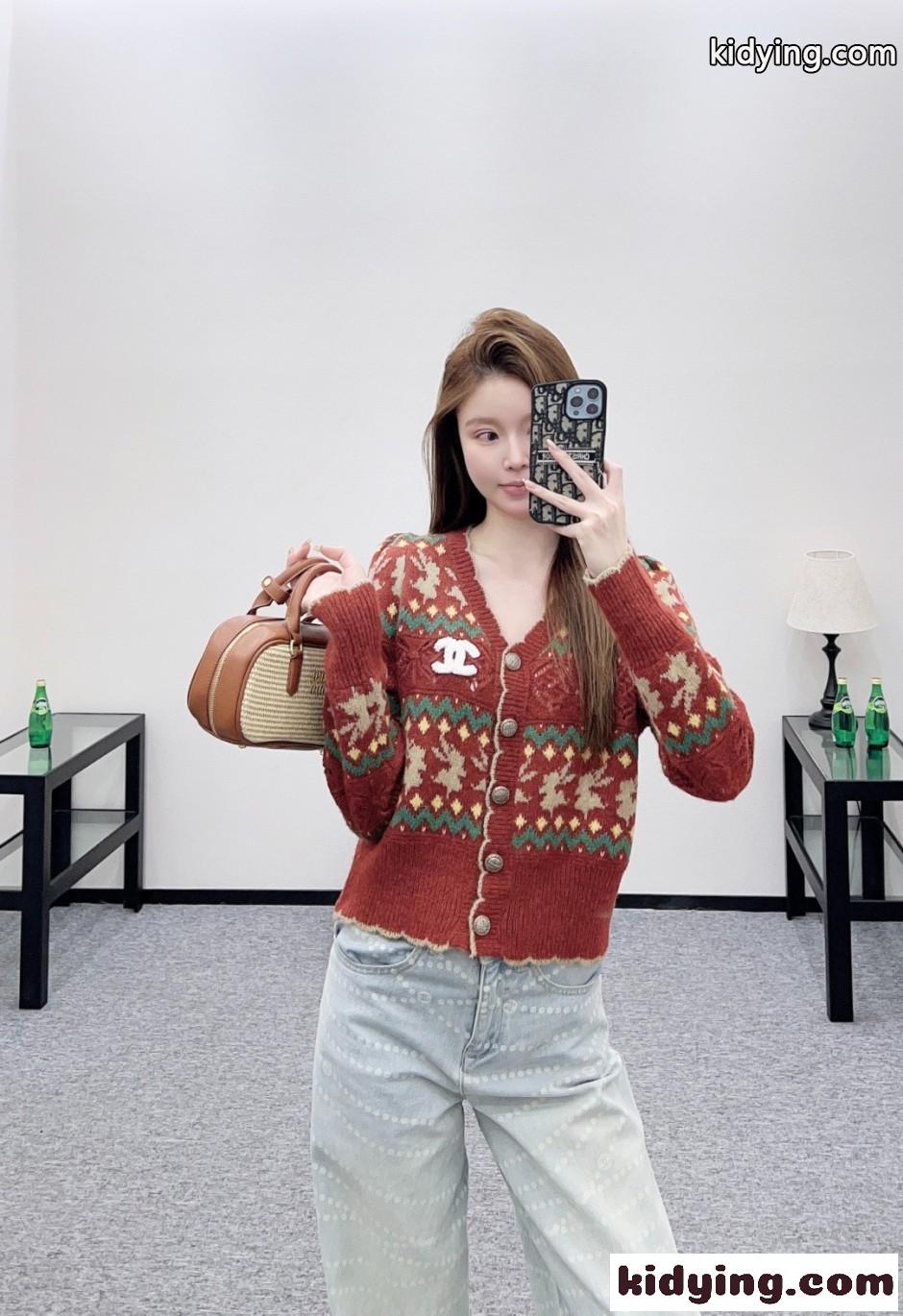 ウール&カシミヤ Vネック カーディガン シャネル ニット コピー ノルディック柄-4