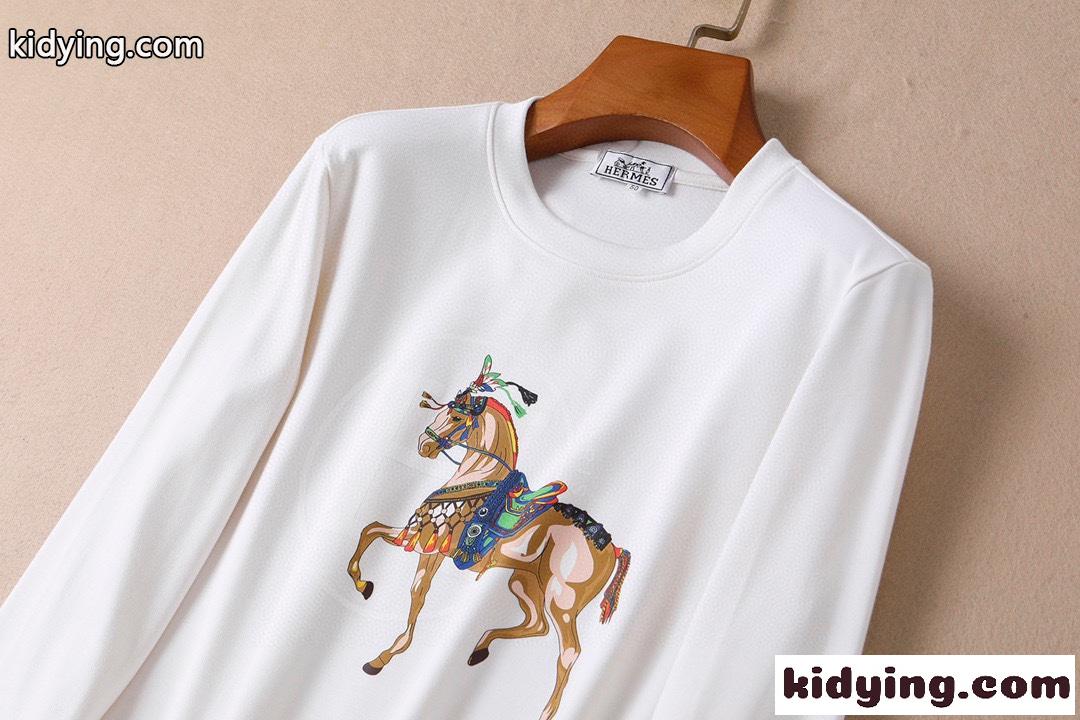 定番 おしゃれ ラウンドネック 長袖tシャツ エルメス Tシャツ コピー メンズ 快適 着心地いい カジュアル ホワイト ブラック-4
