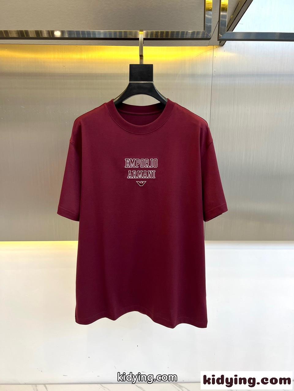 シンプル 刺繍入り アルマーニ Tシャツ コピー クルーネック レッド-0